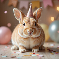 Cute rabbit celebrating with a party hat and confetti, festive joy