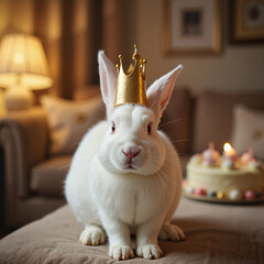 Adorable rabbit wearing crown by birthday cake, celebration joy