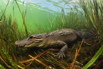 Obraz premium A Chinese alligator resting in shallow waters of a marshland in the Yangtze River basin, its armored scales gleaming.