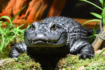 Fototapeta premium A Chinese alligator resting in shallow waters of a marshland in the Yangtze River basin, its armored scales gleaming.