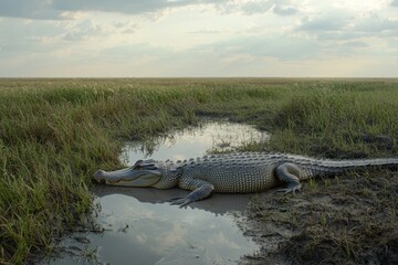A Chinese alligator resting in shallow waters of a marshland in the Yangtze River basin, its armored scales gleaming.