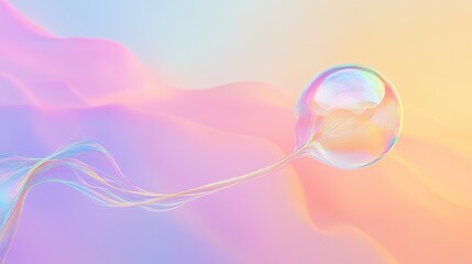 A single iridescent soap bubble with a tail on a colorful background. 