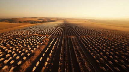 Fototapeta premium Aerial view of vast agricultural fields with rows of crops under a golden sunset sky