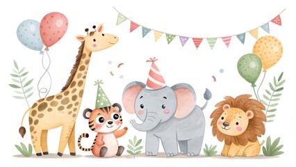 Naklejka premium Watercolor Safari Animals Birthday Party Cute Giraffe, Elephant, Tiger, Lion, Balloons and Bunting, Animal illustration, Party Decor Safari Animals