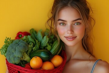 Naklejka premium Happy woman holding red basket with fresh vegetables and fruits shopping at supermarket against bright yellow background