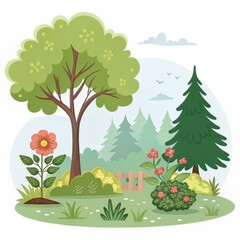 Fototapeta premium Whimsical Spring Garden Illustration Deciduous and Coniferous Trees, Flowers, Flat Design, Nature Scene, Vector Art, Landscape, Cartoon Keywords Spring
