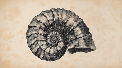Black Ink Sketch of an Ammonite Fossil in Vintage Engraving Style