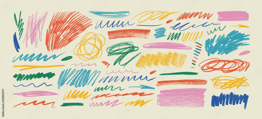 Aufkleber Multi colored charcoal pencil curly lines, scribbles and scrawls. Crayon drawn lines and scribbles. Doodle elements with chalk texture. Childish drawing. Colorful pencil sketchy strokes and squiggles.