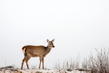 A Chinese water deer cautiously approaching a tranquil lake in the misty morning of eastern China.