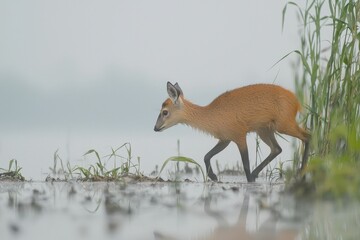 Obraz premium A Chinese water deer cautiously approaching a tranquil lake in the misty morning of eastern China.