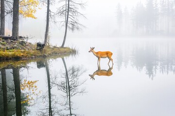 A Chinese water deer cautiously approaching a tranquil lake in the misty morning of eastern China.