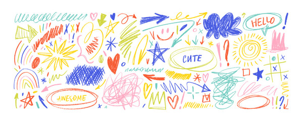 Funky crayon drawn doodle shapes collection. Colorful childish doodles, scribbles and scratches. Cross hatch, clouds, arrows, stars and various chalk abstract figures or stickers for hand drawn notes.