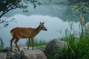 A Chinese water deer cautiously approaching a tranquil lake in the misty morning of eastern China.