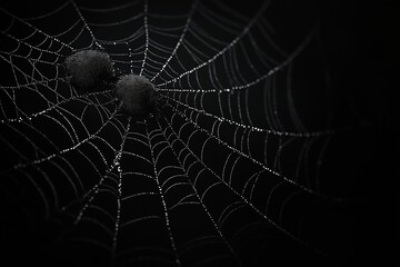 Fototapeta premium Detailed close-up view of spider web. Delicate threads of web highlighted by water droplets. Black background enhances spider webs ethereal look. Spooky, eerie atmosphere created by dark background,