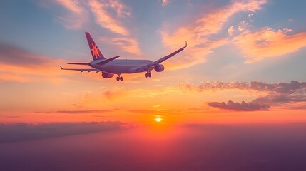 Obraz premium A commercial airplane flying through a vibrant sunset sky.