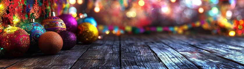 Festive Ornate Christmas Ornaments on Rustic Wood, Bokeh Background, Holiday Decoration Christmas, Ornament
