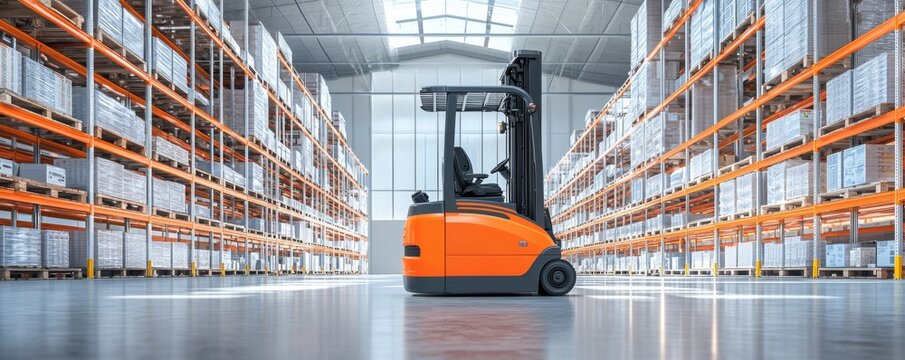 Orange Forklift in Modern Warehouse 3D Render, Logistics Concept, Warehouse Interior, Pallet Racking Warehouse logistics, Forklift truck