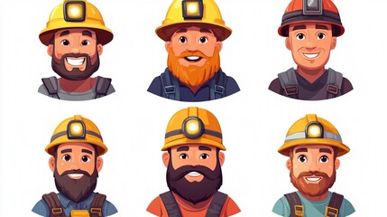 Naklejka premium Unique Safety Helmets Worn by Six Miners with Distinct Beards and Faces