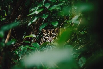 Obraz premium A clouded leopard stealthily moving through the dense foliage of a Southeast Asian jungle, its eyes keen and alert