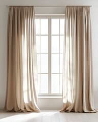 Light beige linen curtains draped elegantly around a bright window, illuminating a minimalist room.