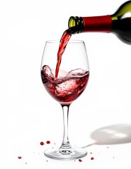 A graceful pour of red wine into a glass, creating an elegant swirling effect on a white surface