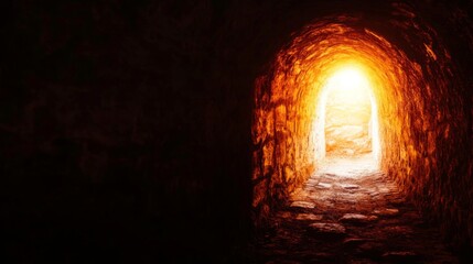 Dark mine shaft with a single beam of light cutting through the shadows, symbolizing hope and discovery in the depths of exploration and perseverance.