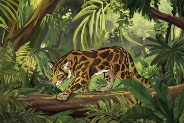 Naklejka premium A clouded leopard stealthily moving through the dense foliage of a Southeast Asian jungle, its eyes keen and alert
