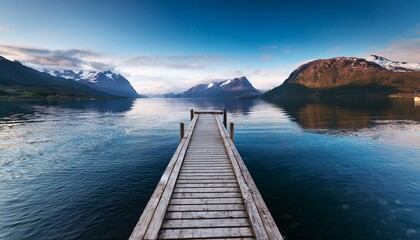 Fototapeta premium Generated image A rustic wooden dock extending into a calm fjord with mountains in the distance