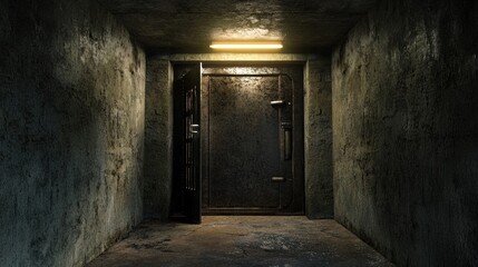 A dimly lit, grunge hallway with an opened rusty metal door leading to an unknown space.