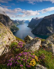 Naklejka premium Generated image A springtime fjord with blooming wildflowers and vibrant green foliage along the cliffs