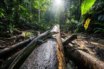 Obraz premium A clouded monitor lizard exploring a fallen tree trunk in the jungles of Borneo, its forked tongue flicking in curiosity
