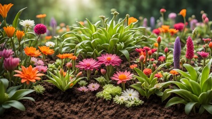 Vibrant spring garden scene featuring a variety of colorful flowers blooming in rich soil, bathed in sunlight.