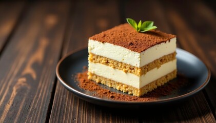 Creamy tiramisu layered dessert on dark wooden table, plate, background, wood