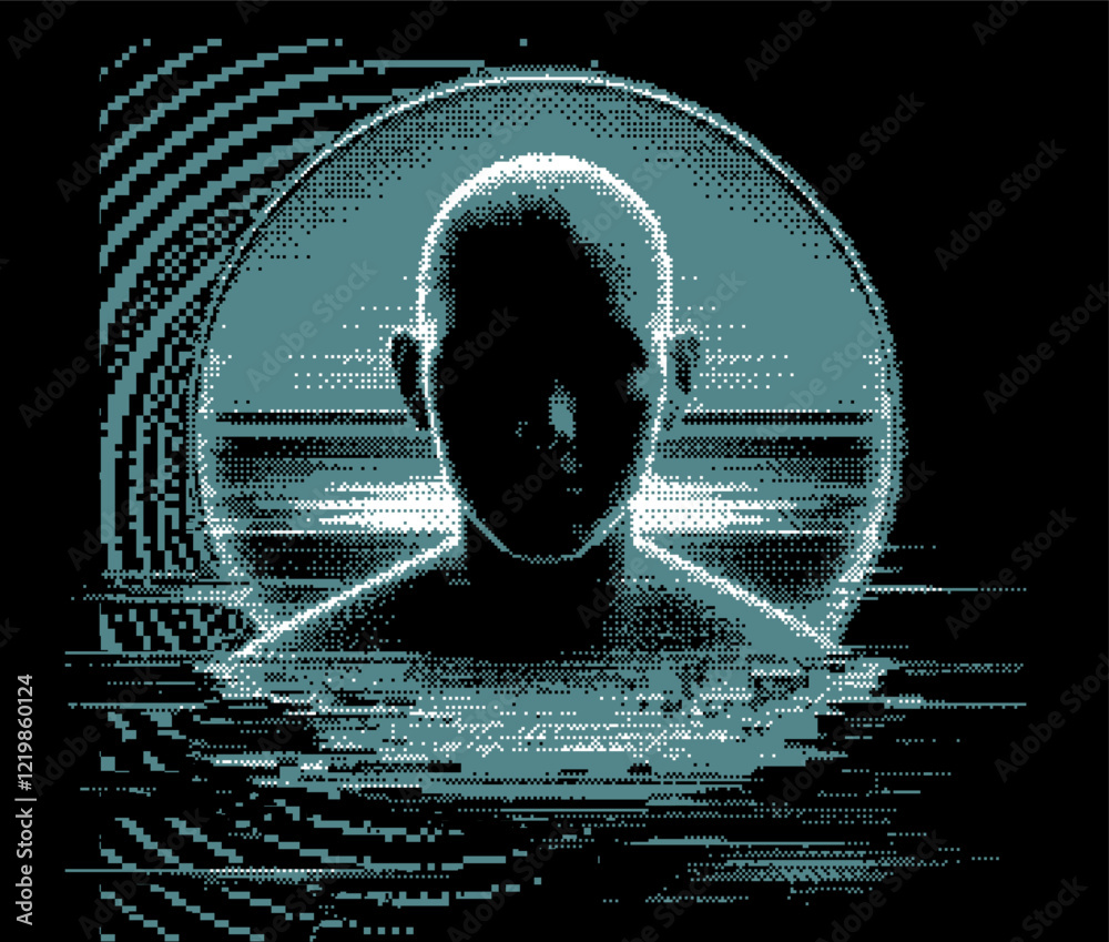 Aufkleber Glitched and pixelated human face on ablack background. Futuristic neo-brutalist vector illustration on the theme of cyber technology and identity.