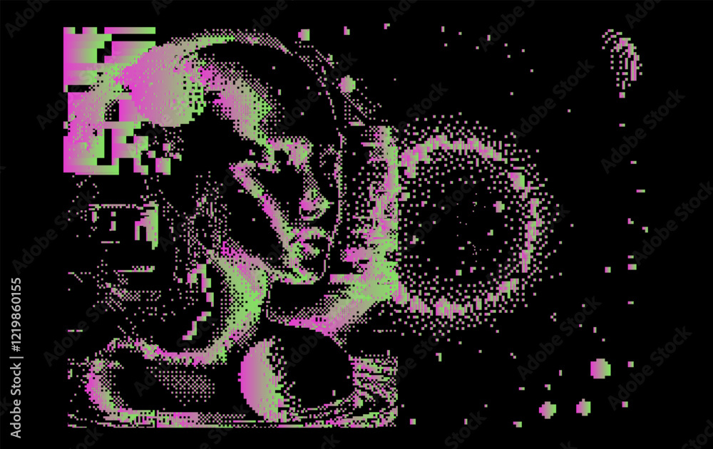 Aufkleber Distorted and disintegrated image of human face made of holographic colorful pixel particles. Retrofuturistic vector illustration for tech and programming themes.