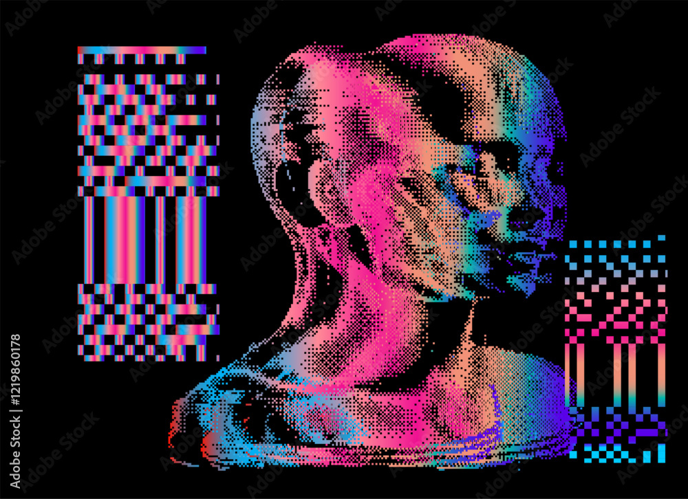 Aufkleber Distorted and disintegrated image of human face made of holographic colorful pixel particles. Retrofuturistic vector illustration for tech and programming themes.