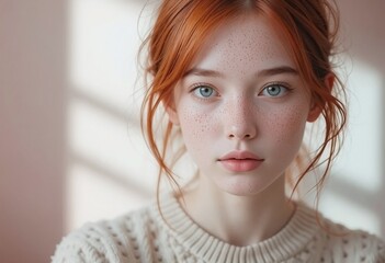 Naklejka premium Young Caucasian female with red hair and freckles gazing softly. Natural light enhances her serene expression and the warmth of her sweater.