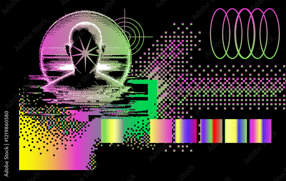 Poster Brutalism and internet pixel graphics inspired vector collage made with simple geometric shapes and grunge texture in holographic bold colors, useful for poster art and digital prints.