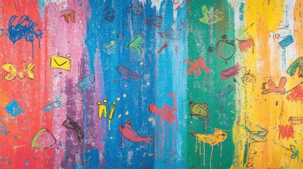 Fototapeta premium Rainbow Wall of Children's Drawings: A Vibrant Tapestry of Imagination
