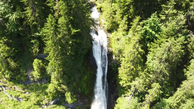 Aerial view of Cascade du Rouget (Rouget Waterfalls) in Sixt-fer-a-cheval in Haute-Savoie France