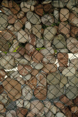 Large pebble stones secured by wire mesh fence for landscaping or erosion control