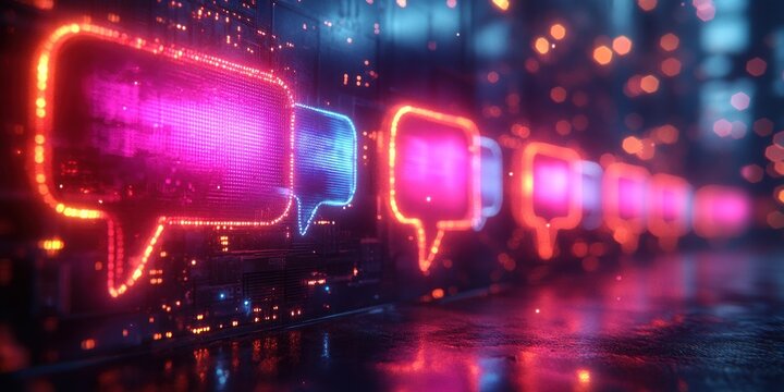 neon chat bubbles digital artwork cyberpunk glowing social media communication interaction futuristic design
