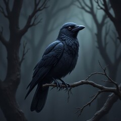 Fototapeta premium Black crow perched on branch in dark forest