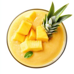 A refreshing tropical fruit smoothie with pineapple and mango, isolated white background, surreal art style