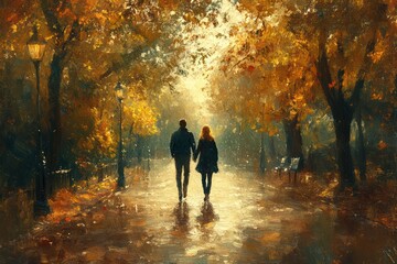 Obraz premium Elderly Couple Walking Together in a Sunlit Park Enjoying Nature and Love