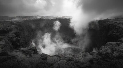 Fototapeta premium Volcanic crater steaming, dark, ominous landscape.