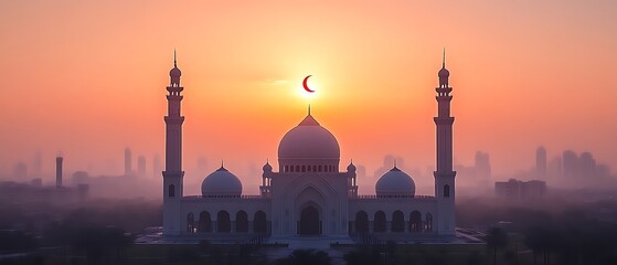 Stunning Mosque Sunset Silhouette with Crescent Moon