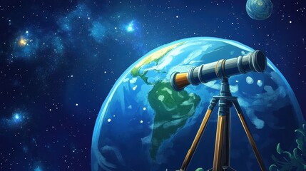 Obraz premium Cute cartoon Earth with telescope, discovering galaxies in space, vibrant and educational illustration. 