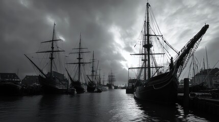Majestic Tall Ships at Harbor: A Monochromatic Masterpiece