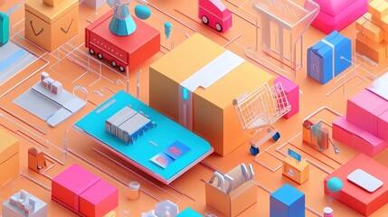 Fototapeta premium E-commerce logistics optimization flat design front view tech innovation 3D render complementary color scheme.
